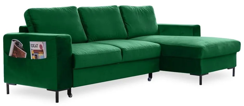 Colțar extensibil din catifea cu șezlong pe partea dreaptă Miuform Lofty Lilly, verde