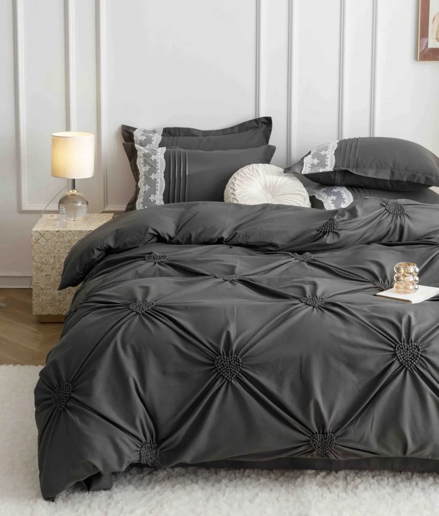 Lenjerie pat dublu, Inimi Brodate, 6 Piese, Finet Premium - Gri Inchis