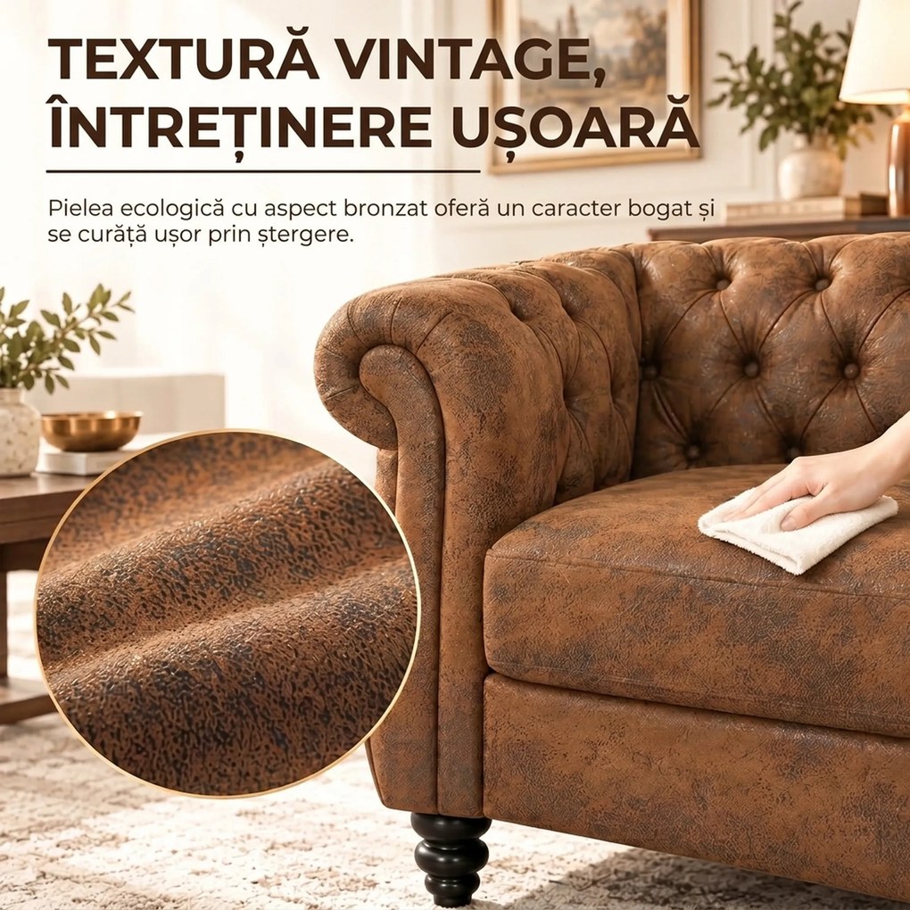 HOMCOM Canapea Chesterfield 3 Locuri din Material Respirabil cu Aspect de Piele, Șezut Lat, Umplutură Groasă, Maro Cafea | Aosom Romania