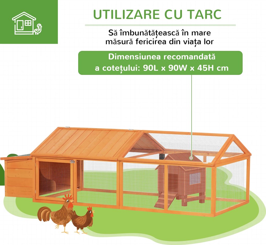 PawHut Coteț pentru Găini de Exterior cu Acoperiș Rabatabil și Ușă Largă Pentru 4-8 Găini, 240x112,5x76 cm, Portocaliu | Aosom Romania