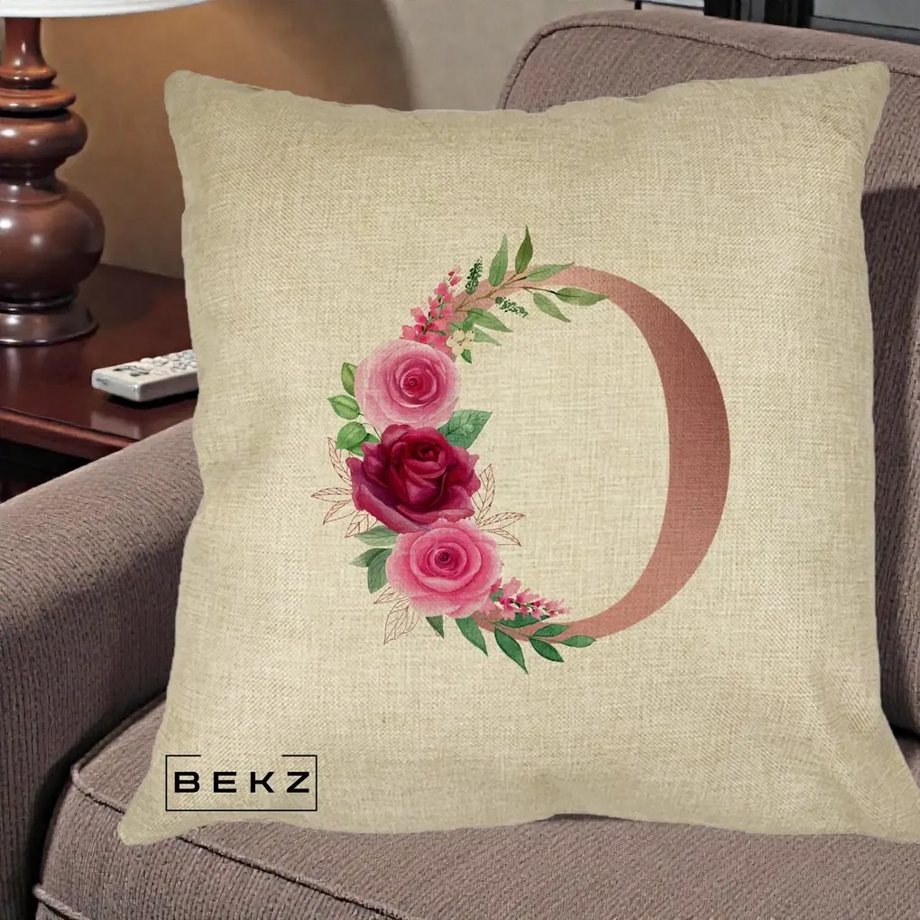 Cadou Personalizat - Perna Personalizata Monograma Rose Gold Litera O, 40x40 cm, Crem, Husa Detasabila, Perna Inclusa, BEKZ®