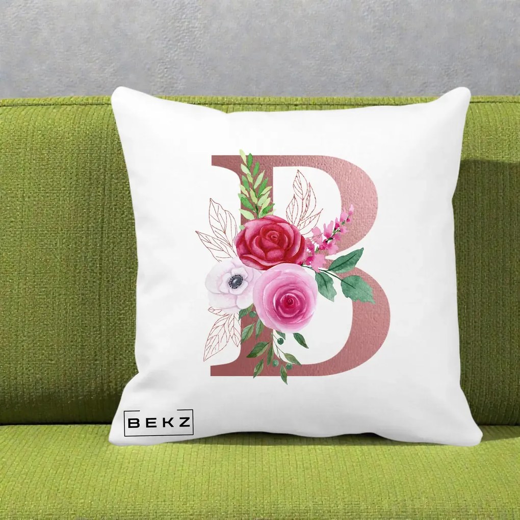 Cadou Personalizat - Perna Personalizata Monograma Rose Gold Litera B, 40x40 cm, Alba Mata, Husa Detasabila, Perna Inclusa, BEKZ®