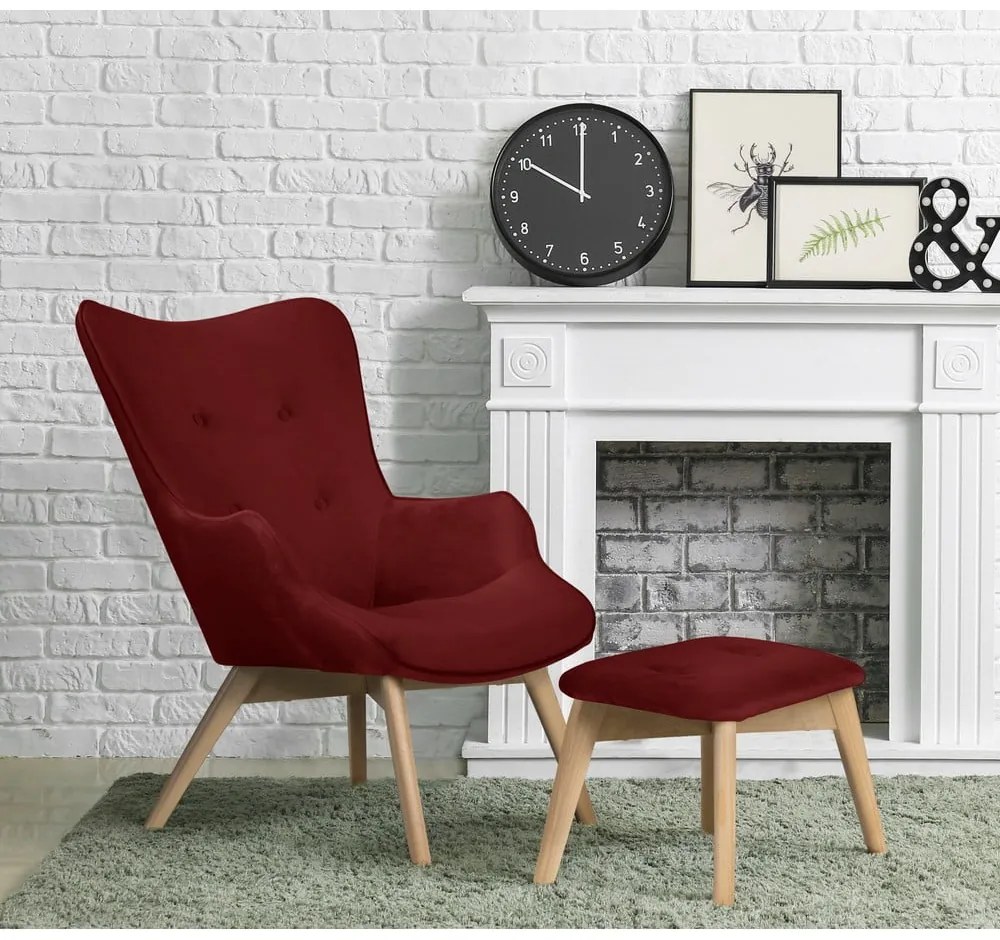 Fotoliu cu taburet roșu cu tapițerie din catifea Niko – Ropez