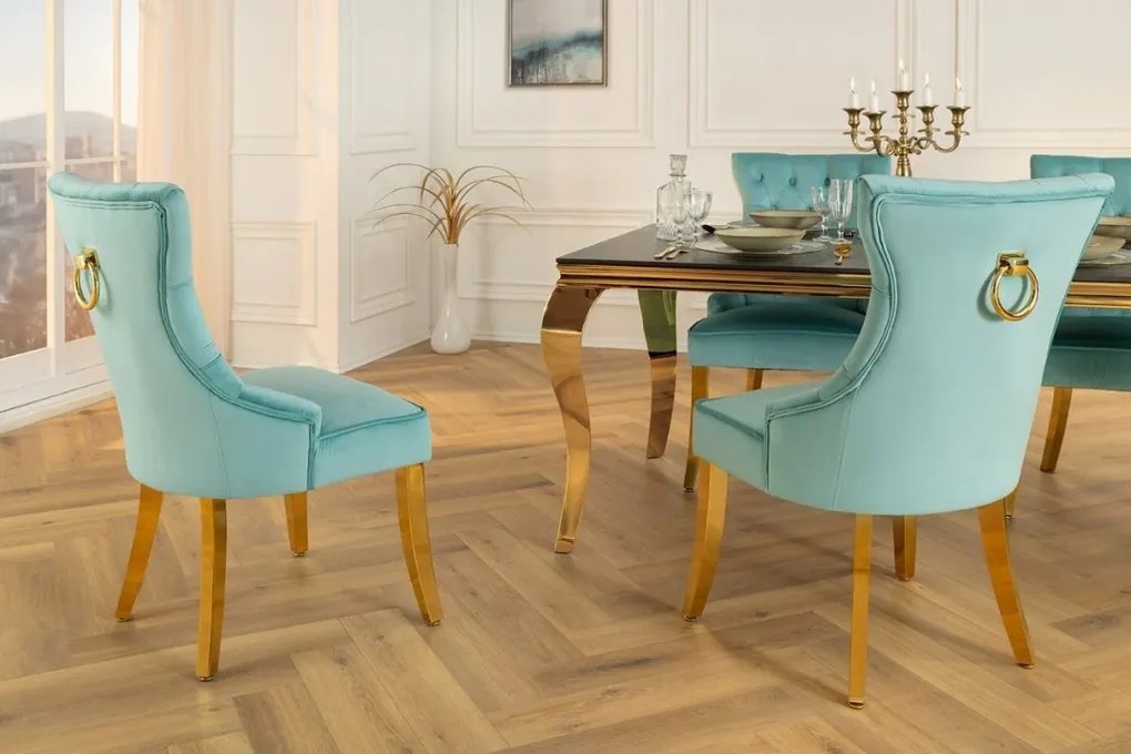 Set 2 scaune Stil Baroc, Catifea, Albastru Deschis, Metal, Auriu, Castle