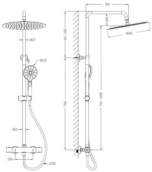 Set de duș DRAGOR cu baterie termostatică, crom lucios
