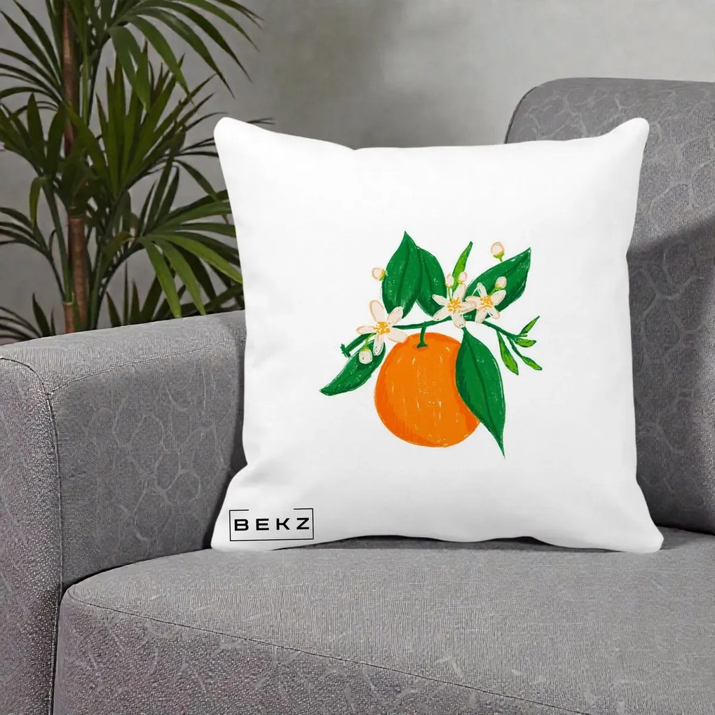 Perna Decorativa Portocala in Floare, 40x40 cm, Alba Mata, Husa Detasabila, Perna Inclusa, BEKZ®
