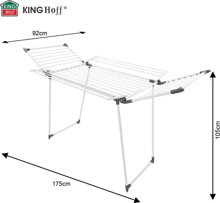 Uscător de rufe pliabil Kinghoff KH 2041, 25 m, până la 20 kg, capete antiderapante, oțel, alb/gri