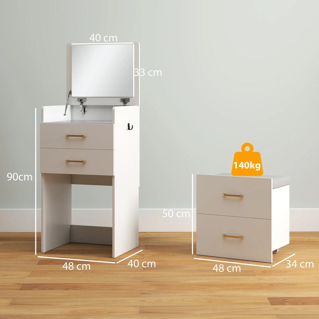 HOMCOM Masuta de Toaleta 3-in-1 cu Oglinda, Masuta de Noapte, Scaun cu Rotile, Sertare, Alb | Aosom Romania