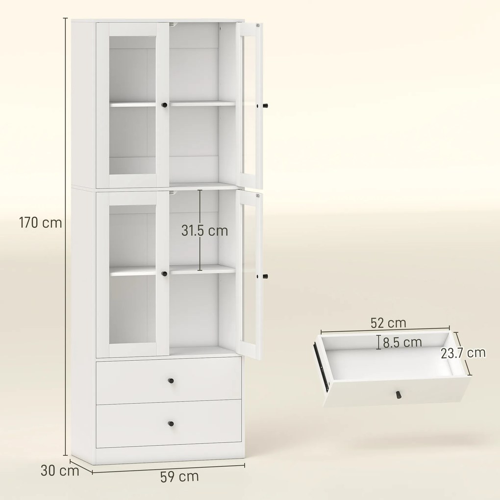 HOMCOM Vitrină Înaltă de Bucătărie 170 cm, 4 Uși din Sticlă, 2 Sertare, Polițe Reglabile, pentru Dining și Living, Alb | Aosom Romania