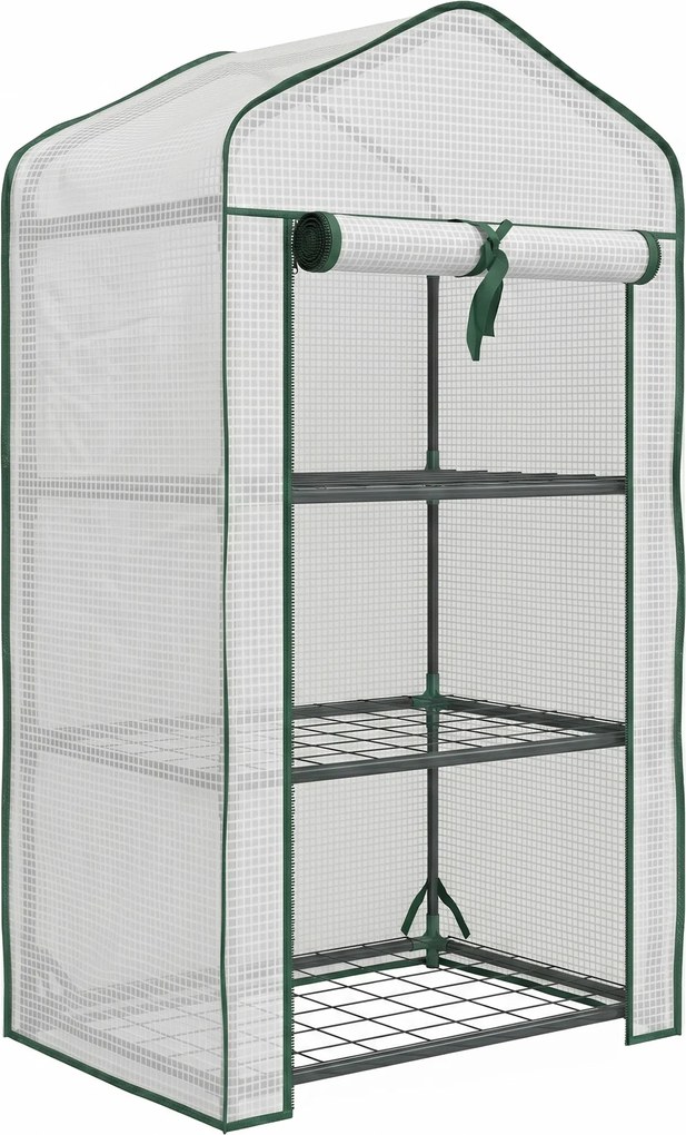 Outsunny Mini Seră pe 3 Nivele cu Acoperiș PE Întărit, Seră Portabilă cu Ușă Rulantă și Rafturi din Sârmă, 59x39x127 cm, Alb | Aosom Romania