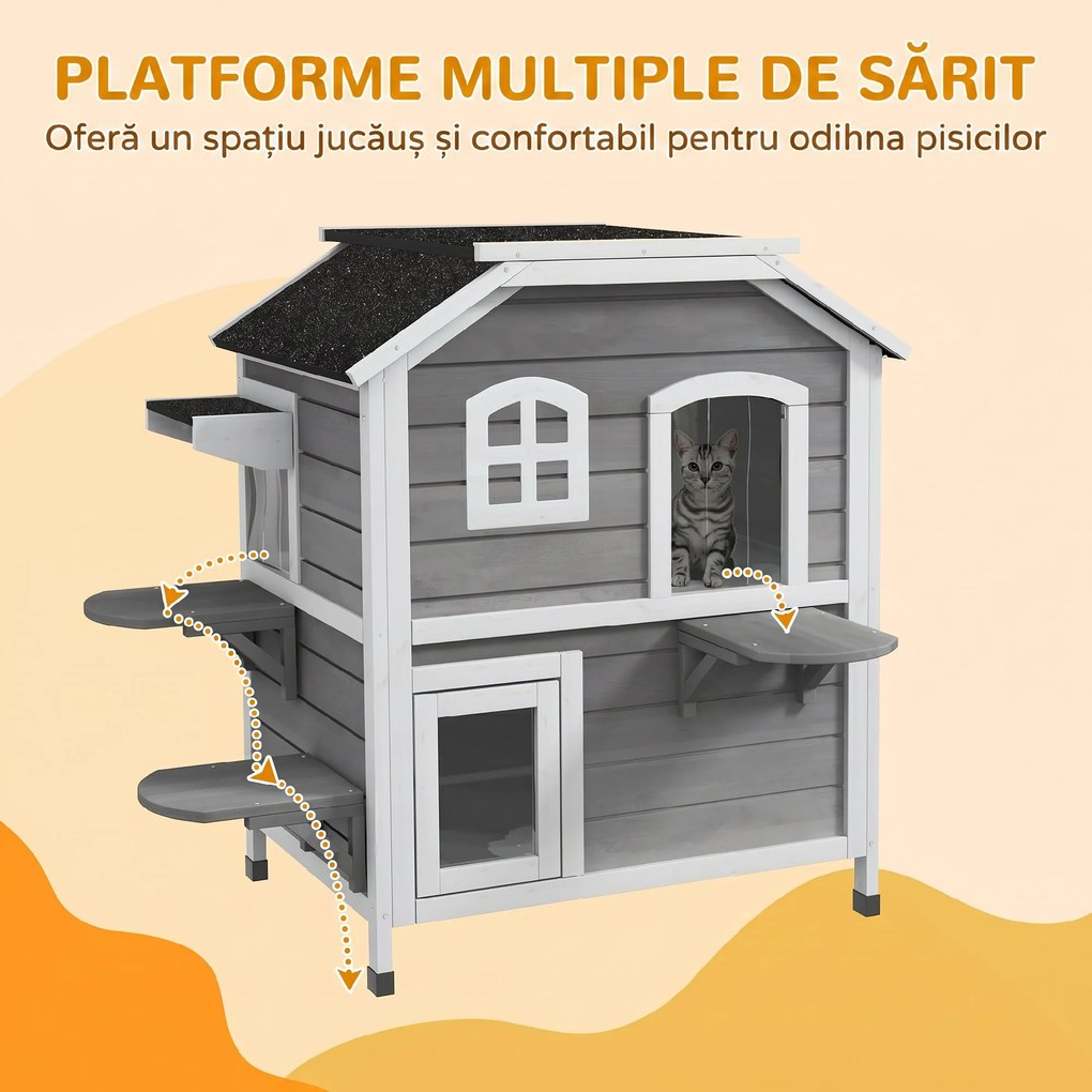 PawHut Casă pentru Pisici pe 2 Niveluri cu Acoperiș Rabatabil, Lemn de Brad, 99,5 x 76 x 91 cm, Gri | Aosom Romania