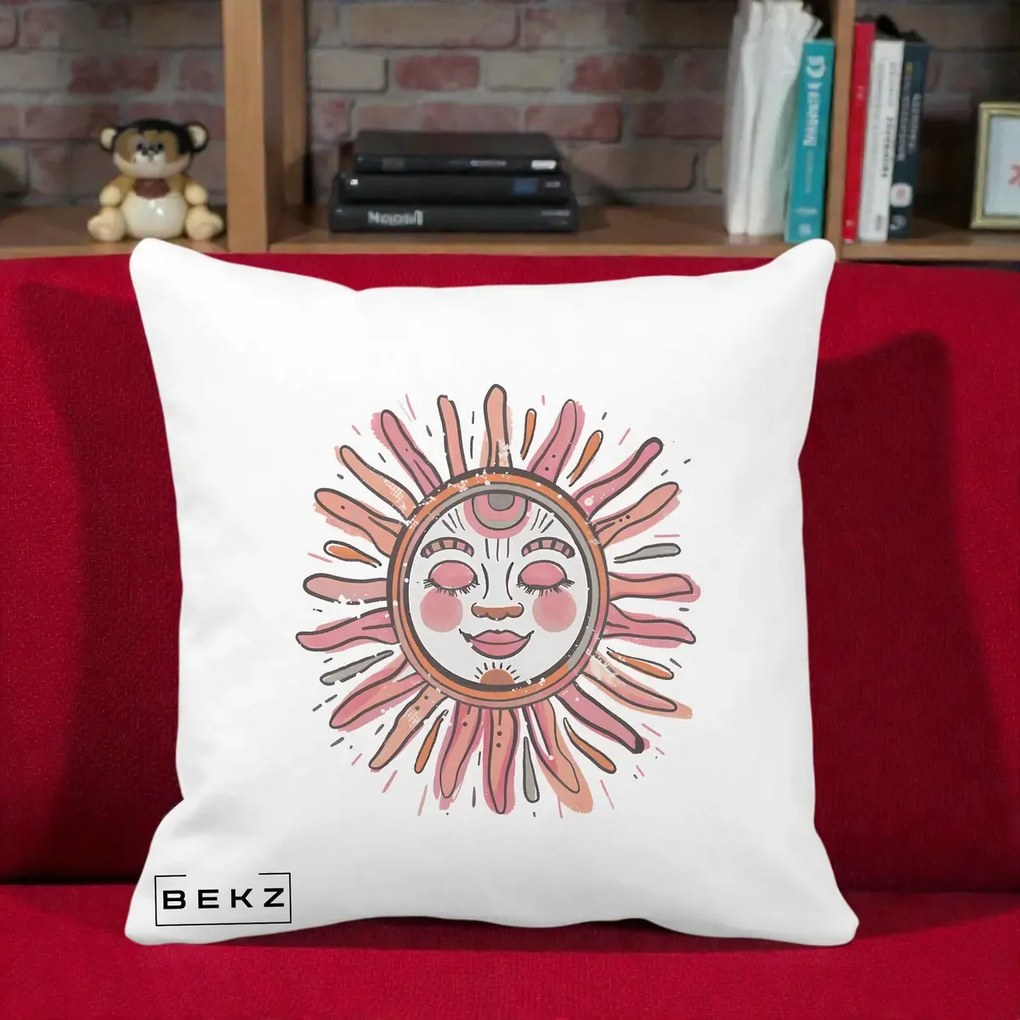 Perna Decorativa Soare Roz Tribal, 40x40 cm, Alba Mata, Husa Detasabila, Perna Inclusa, BEKZ®
