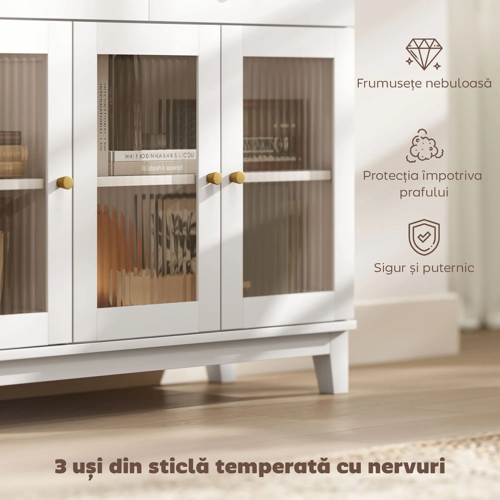 HOMCOM Bufet Bucătărie cu 2 Dulapuri și 2 Sertare, Uși din Sticlă Securizată Canelată, Bufet Sufragerie cu Rafturi Ajustabile, pentru Living sau Sufragerie, 100x35x80.3 cm, Alb și Stejar | Aosom Romania