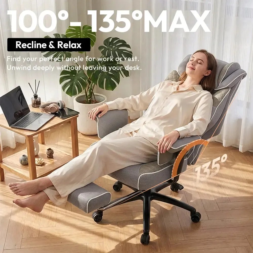 DOWINX 66B3 – Scaun directorial XXL, Extra-Lat și Construcție Heavy-Duty, Masaj Lombara Dublu, cotiere reglabile, suport pentru picioare, Rezistent 180 kg, plasă respirabilă+PU, Gri