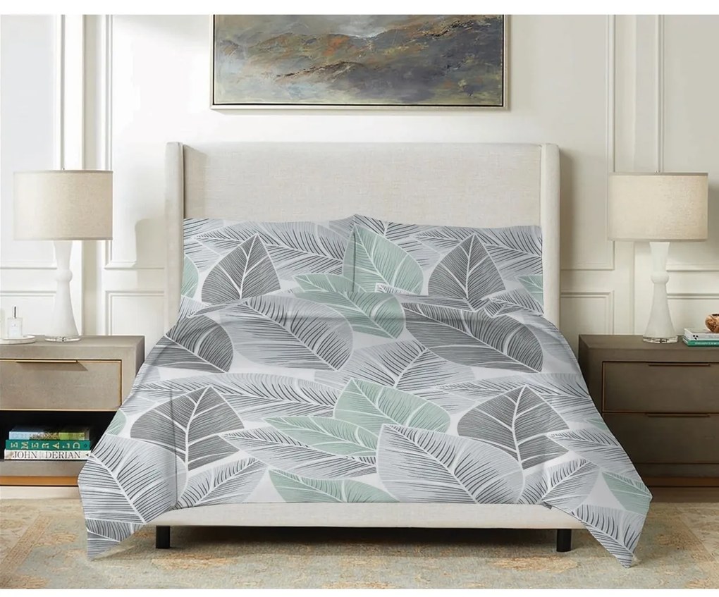 Lenjerie de pat Matex Satin frunze gri , 140 x 200 cm, 70 x 90 cm