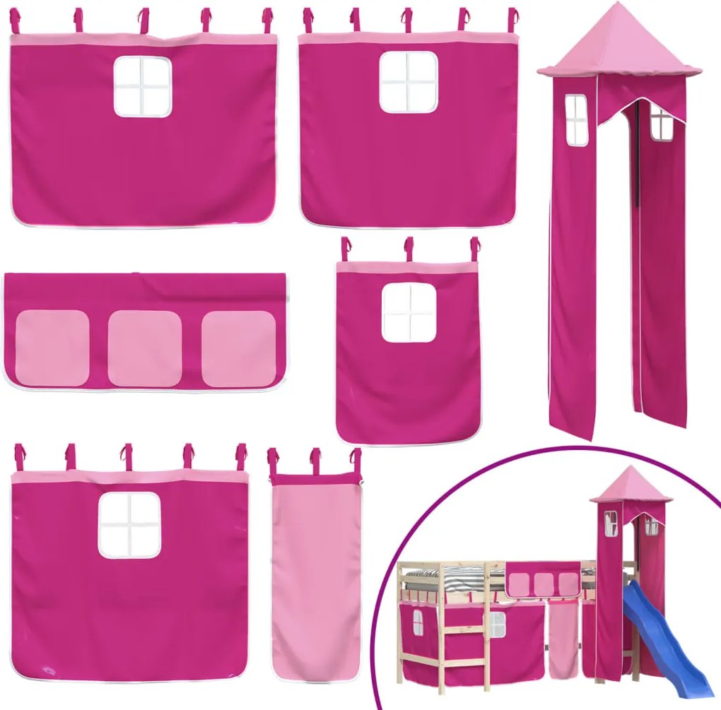 vidaXL Perdele pentru pat etajat cu turn, roz, poliester