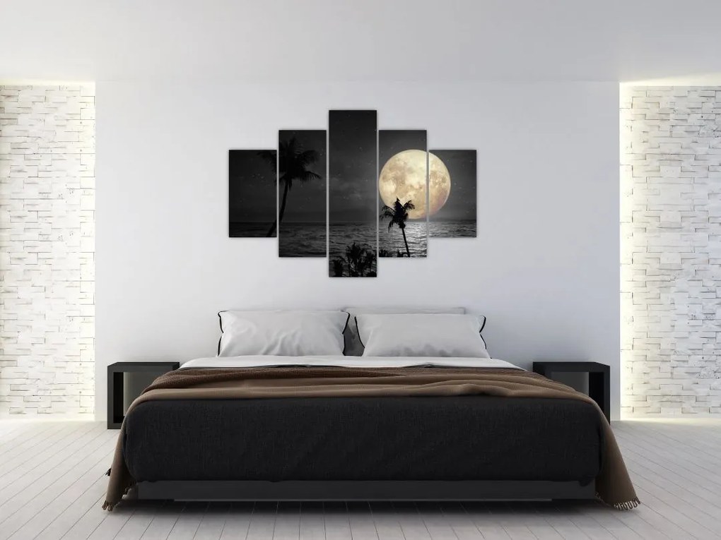 Tablou - Plaja cu lună plină, nuanțe gri (150x105 cm)
