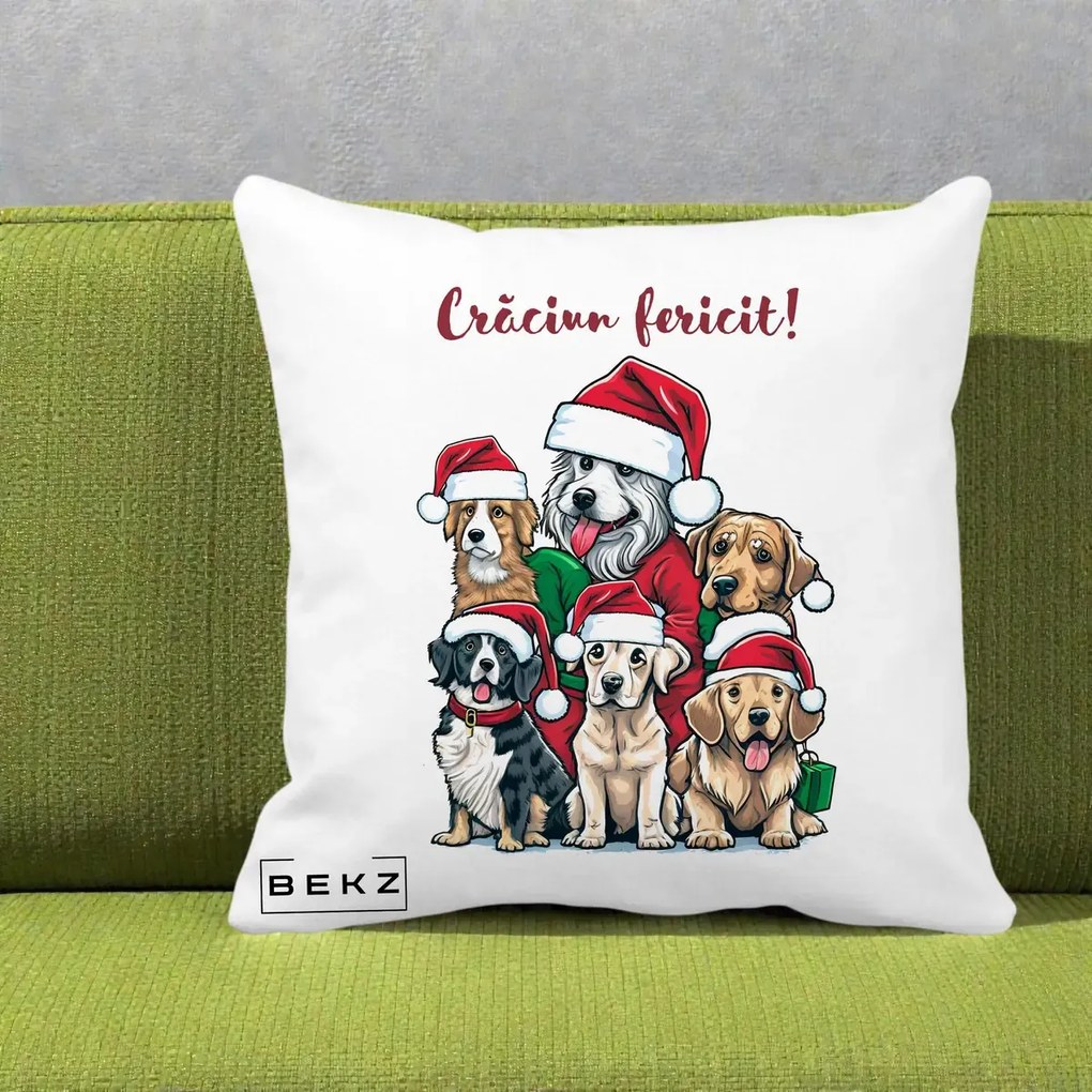 Perna Decorativa Caini cu Bonete Craciun Fericit, 40x40 cm, Alba Mata, Husa Detasabila, Perna Inclusa, BEKZ®