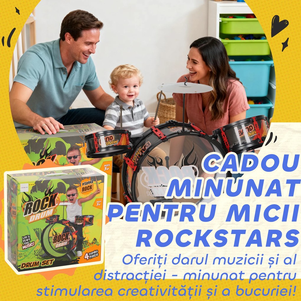 AIYAPLAY Set Tobă de Jucărie pentru Copii cu Scaun, Joc Muzical pentru Copii 3-6 Ani, Negru | Aosom Romania