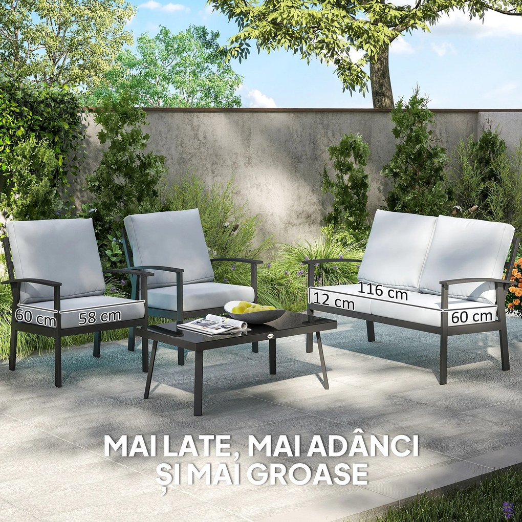 Outsunny Set de Mobilier de Grădină din 4 Piese, cu Canapea, 2 Fotolii și Măsuță de Cafea, 127x74x80 cm, Gri Cărbune | Aosom Romania