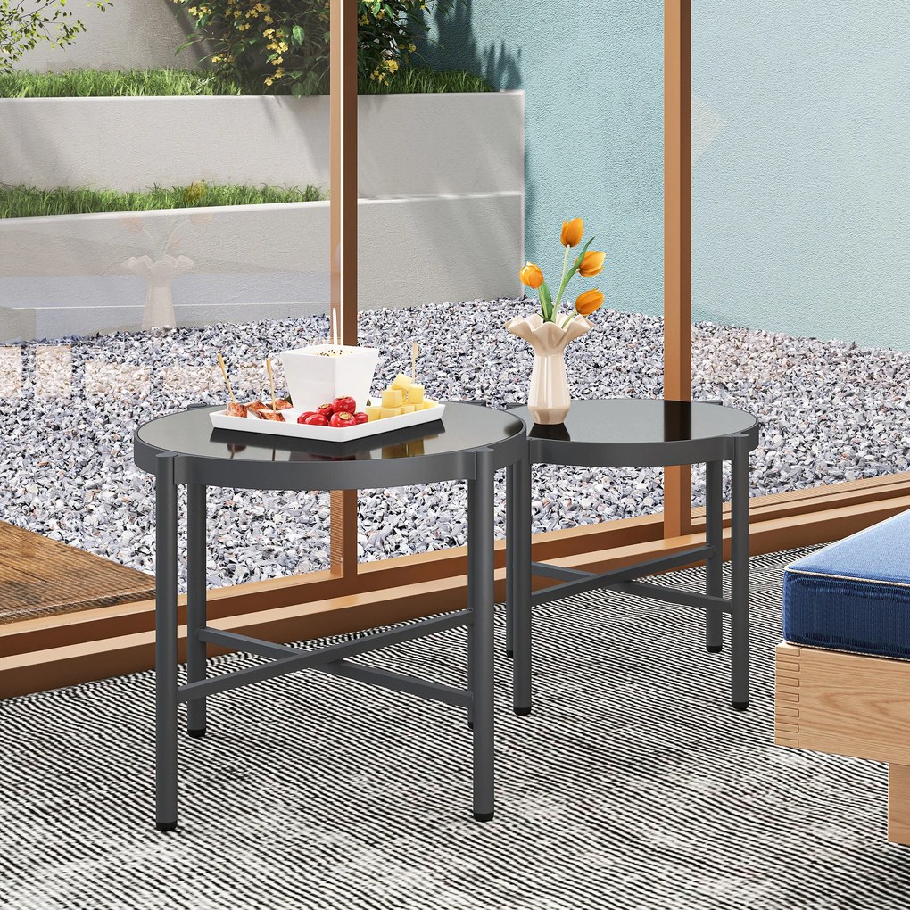 Outsunny Lot de 2 mese joase gigogne de grădină mese de cafea de grădină cu blat din sticlă temperată, cadru din aluminiu negru | Aosom Romania