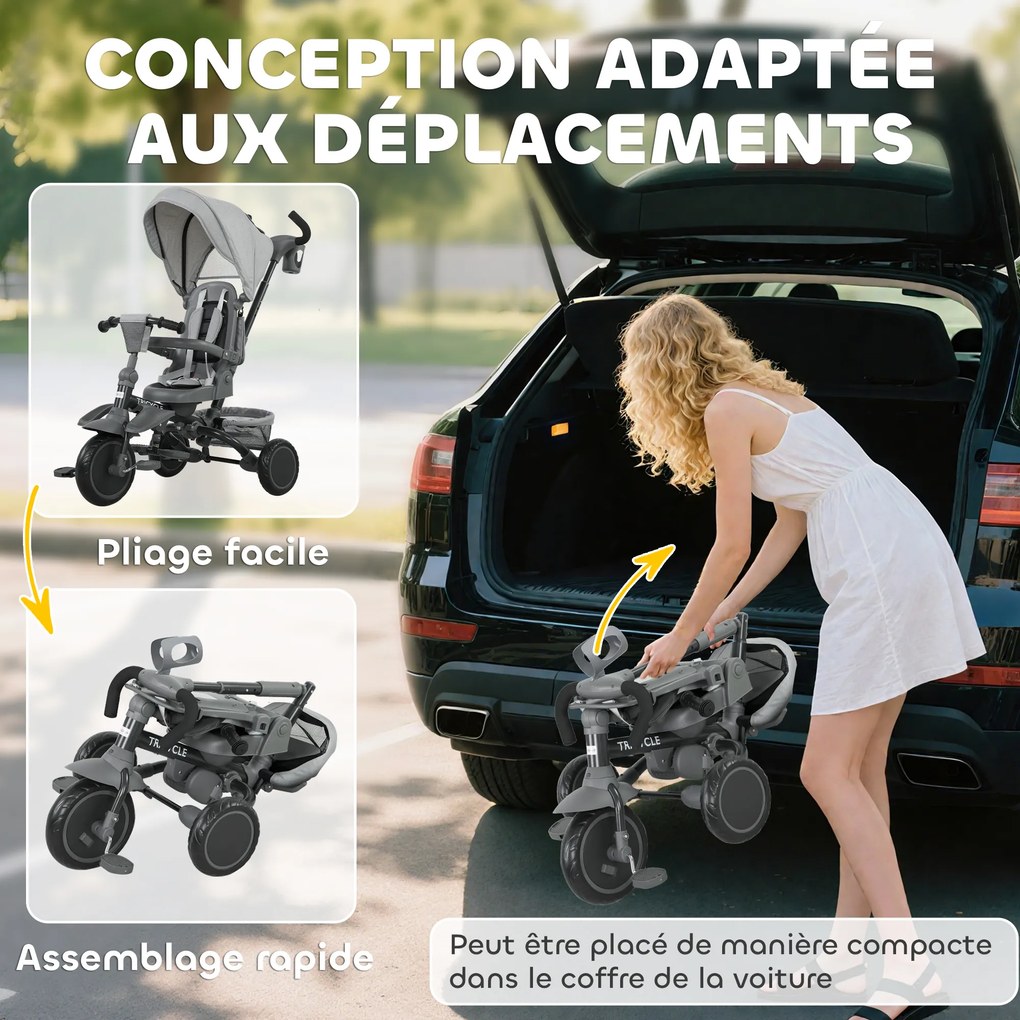 AIYAPLAY Triciclu bebeluș evolutiv 6 în 1, triciclu copil pliabil cu mânere pentru părinți reglabile, scaun pivotant 360°, gri | Aosom Romania