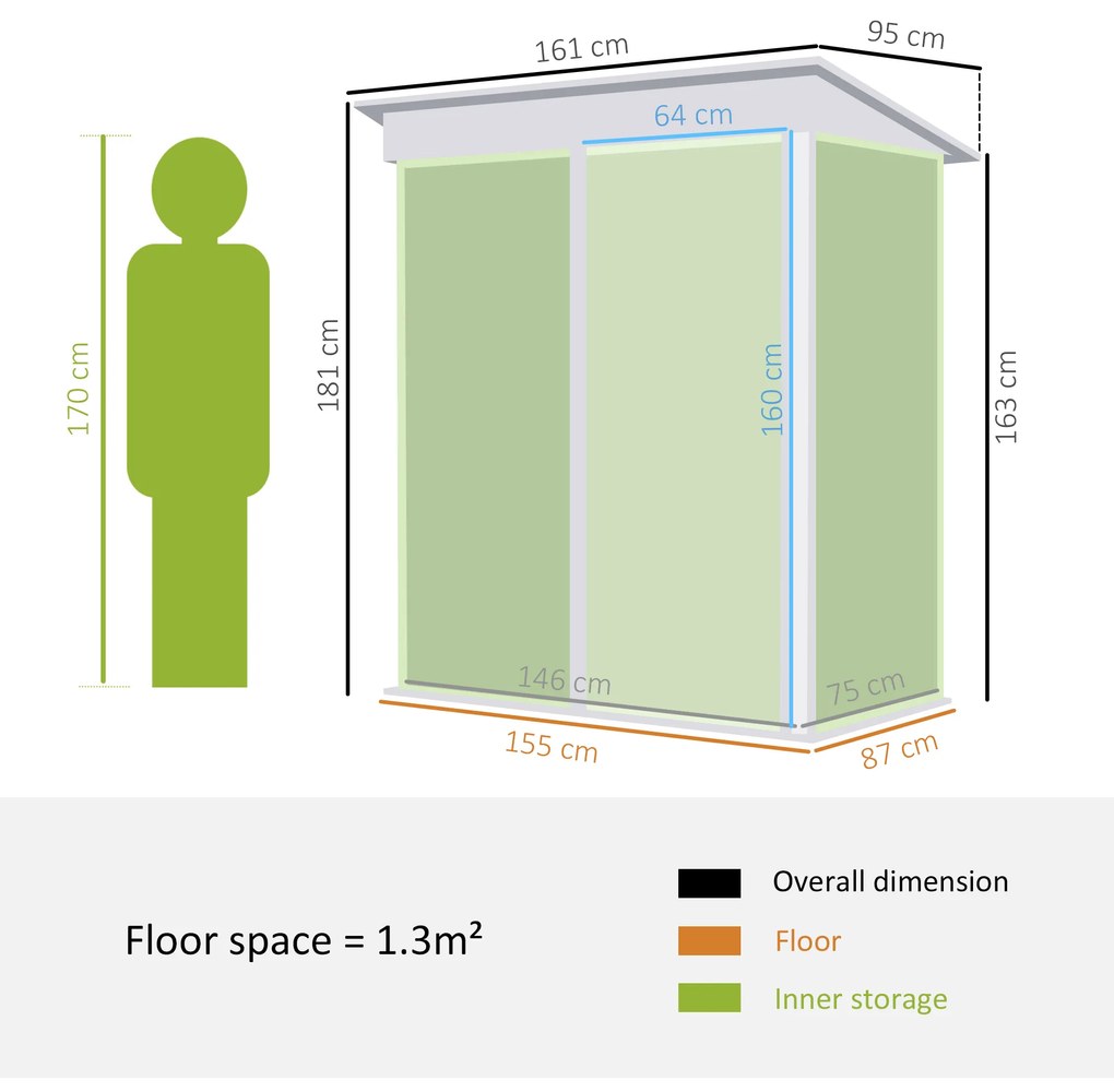 Casute de gradina de mici dimensiuni, din otel,cu usa cu blocare, 161x95x163/181cm, verde | Aosom Romania