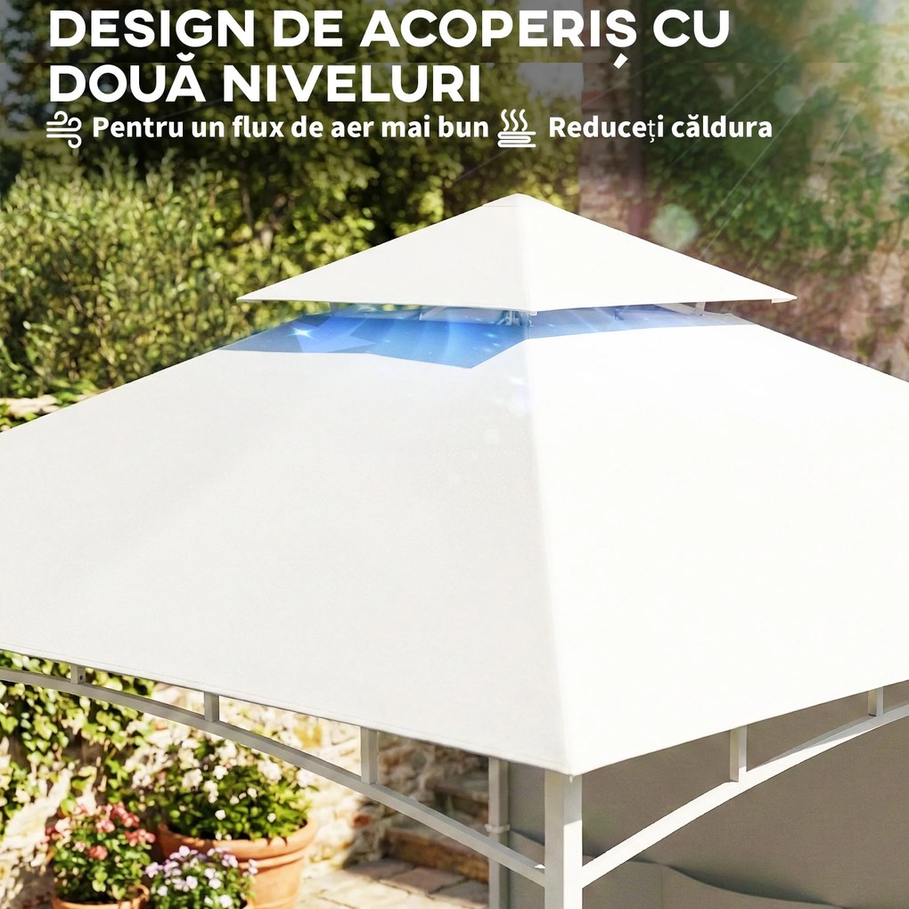 Outsunny Foișor de Grădină 3x3 m cu Corturi, Buzunare pentru Depozitare și Cârlig la Tavan, Foișor din Metal cu Acoperiș Dublu, Orificii de Drenaj, UV30+, Crem | Aosom Romania