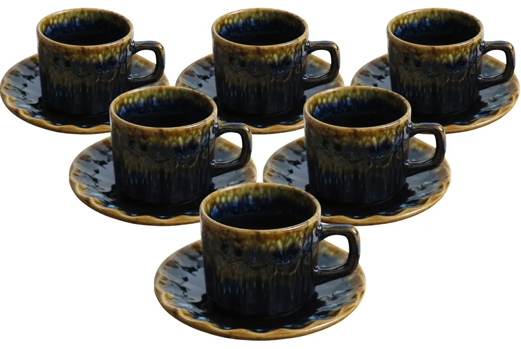 Set de 6 cești din ceramică cu farfurioareElementa 185 ml, albastru închis