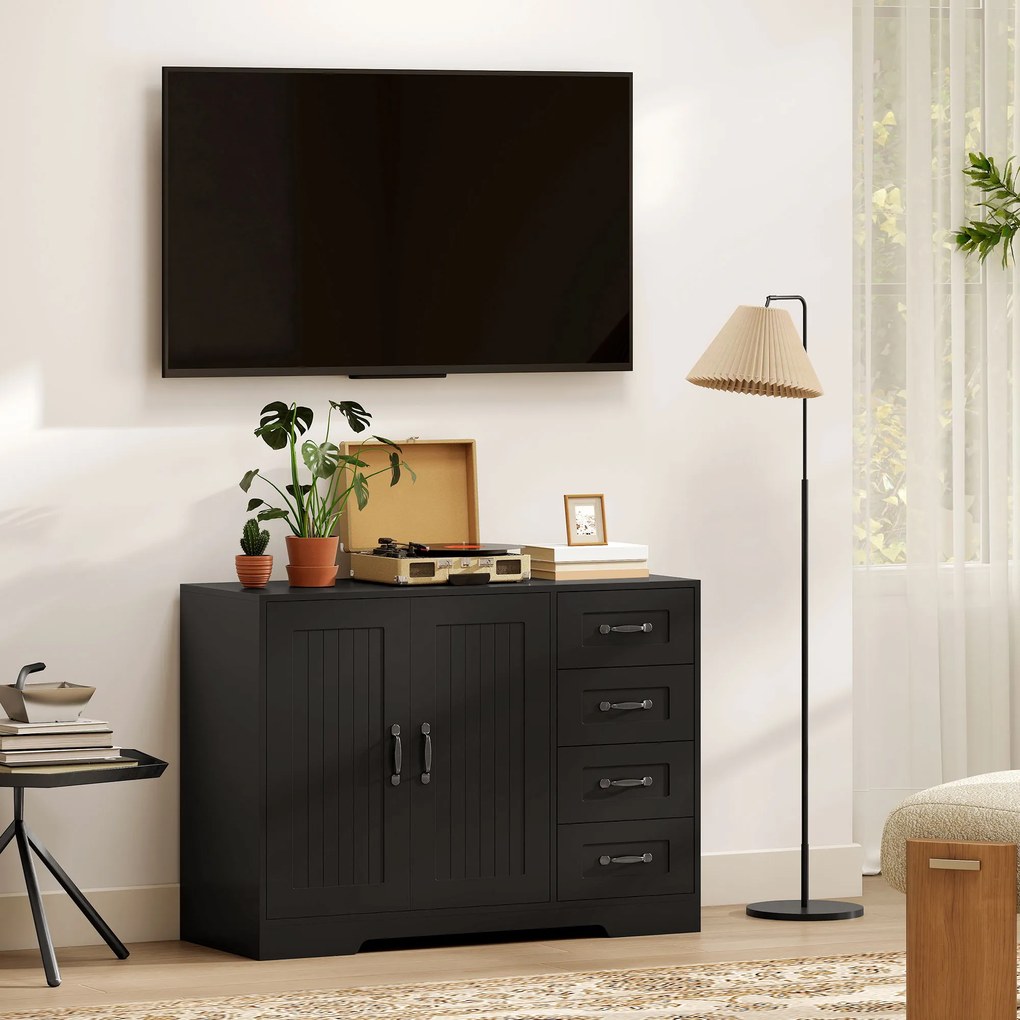 HOMCOM Sideboard, Cufăr, stil modern, 4 sertare, 1 dulap, 105 x 40 x 76 cm, Negru | Aosom Romania