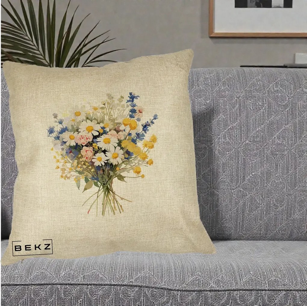 Perna Decorativa Buchet Camp Acuarela Margarete-Lavanda, 40x40 cm, Crem, Husa Detasabila, Perna Inclusa, BEKZ®