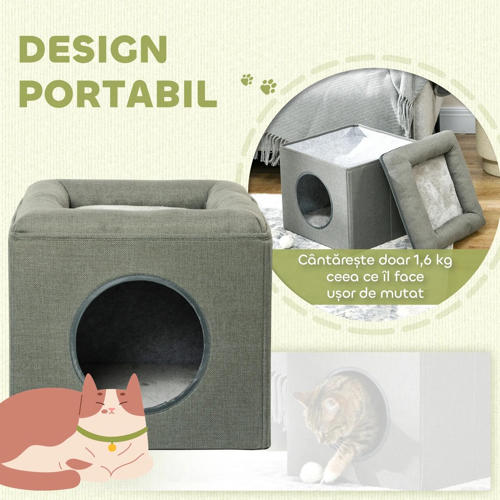 PawHut Căsuță pentru Pisici cu 2 Nivele și Pernă din Pluș, din Lemn, Poliester și Plastic, 36.5x36.5x33 cm, Verde | Aosom Romania