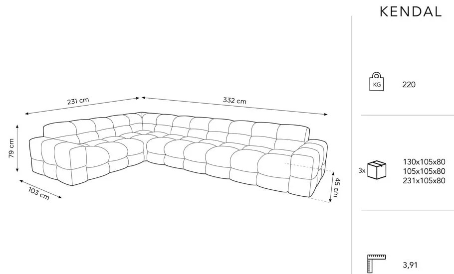 Colțar gri deschis cu tapițerie din catifea (pe partea stângă) Kendal – Micadoni Home