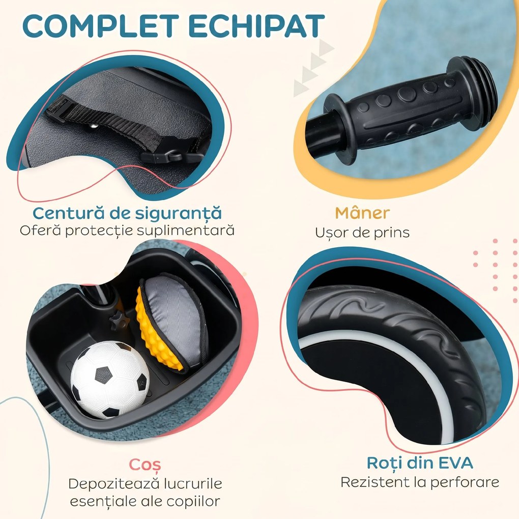 AIYAPLAY Tricicletă pentru Copii 2-5 Ani cu Scaun Reglabil, Coș și Apărătoare de Noroi, Negru | Aosom Romania