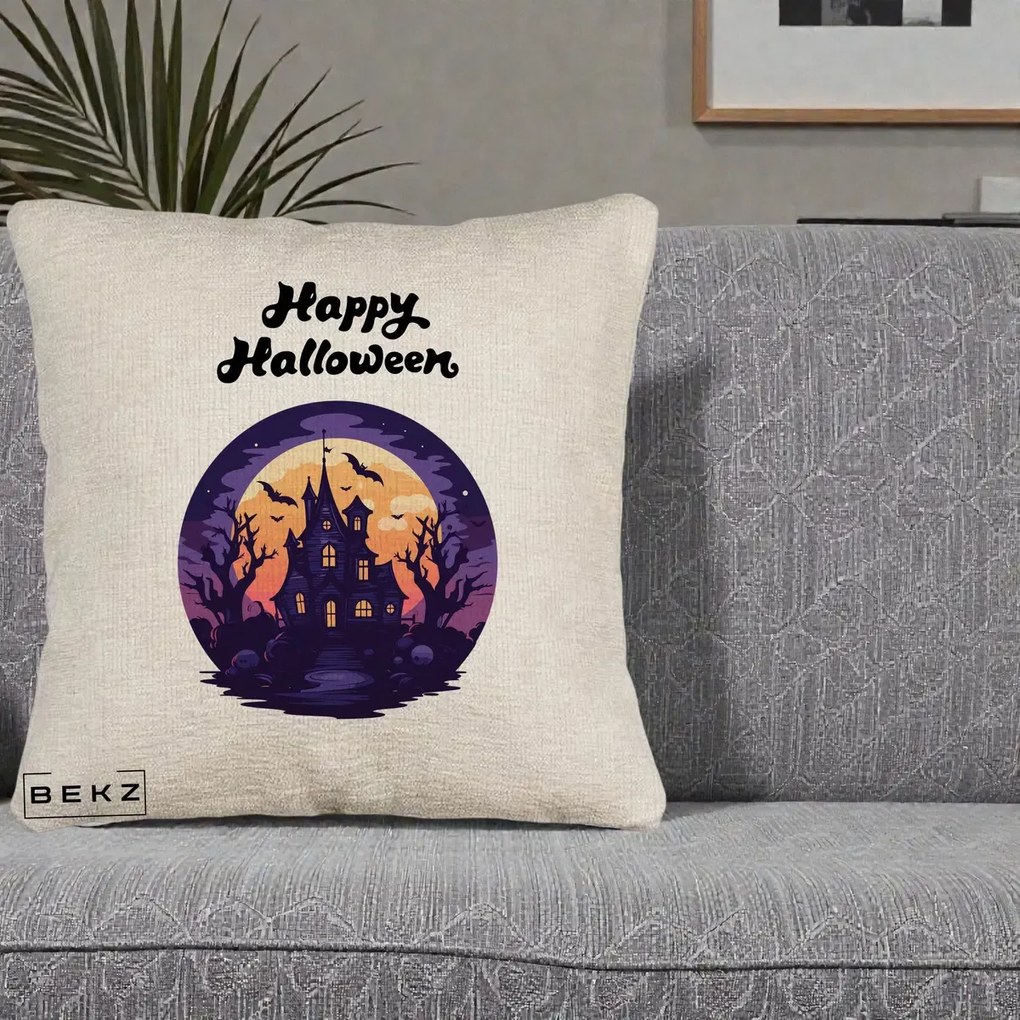 Perna Decorativa Happy Halloween Casa Bantuita Violet, 40x40 cm, Bej Canapea, Husa Detasabila, Perna Inclusa, BEKZ®
