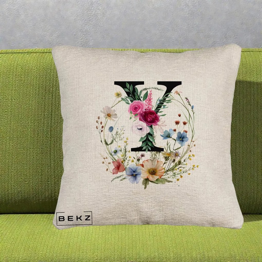 Cadou Personalizat - Perna Personalizata Monograma Florala Litera Y cu Coroana, 40x40 cm, Bej Canapea, Husa Detasabila, Perna Inclusa, BEKZ®