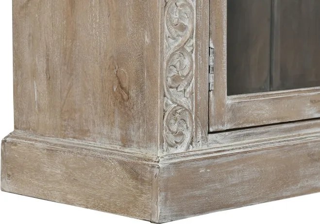 Vitrină sculptată manual din lemn masiv de mango, finisaj décapé alb, 2 uși vitrate, 3 rafturi, 120×44×210 cm, „Jaipur"