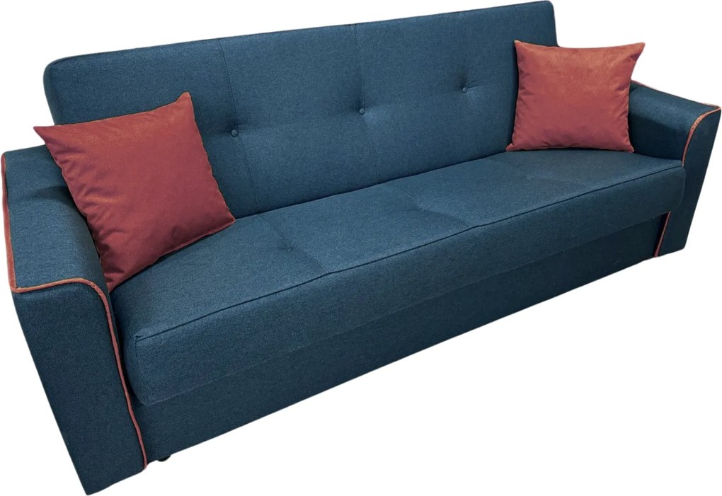 Canapea VERA extensibila, 3 locuri, lada de depozitare, stofa bleumarin + rosu bordo, 225x90x90 Bleumarin + Rosu Bordo, Stofa