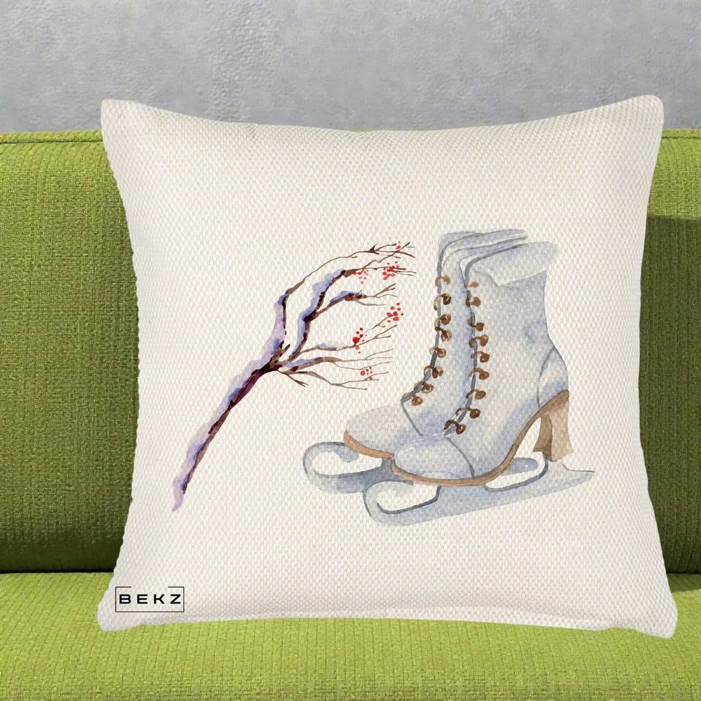 Perna Decorativa Patine cu Ramuri Inzapezite, 40x40 cm, Crem Reliefat, Husa Detasabila, Perna Inclusa, BEKZ®