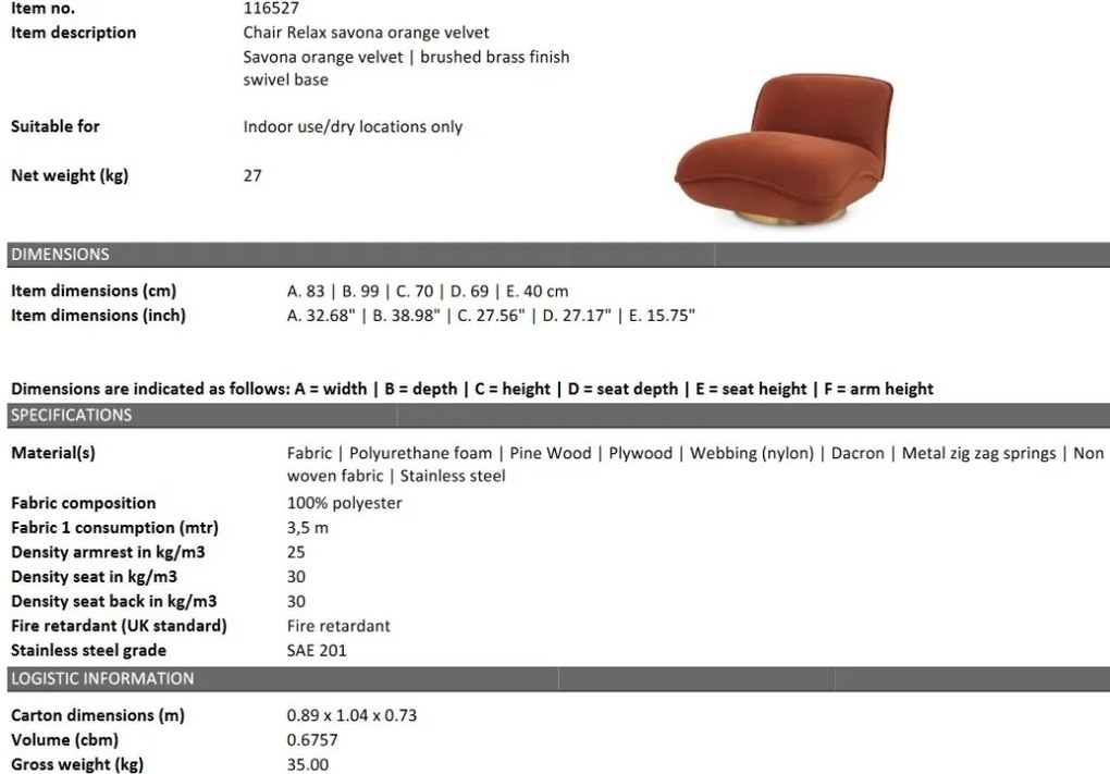 Fotoliu pivotant design elegant LUX Relax, portocaliu