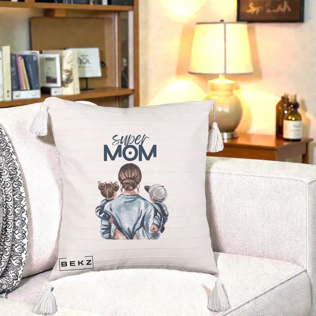 Cadou pentru Mama - Perna Personalizata Super Mom, 40x40 cm, Bej cu Franjuri, Husa Detasabila, Perna Inclusa, BEKZ®