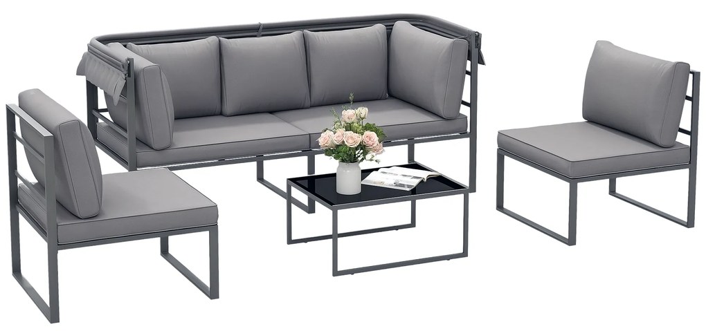 Outsunny Salon de gradina exterior 4 piese modular cu canapea, scaun și masă de cafea din sticlă temperată, incluse perne, gri | Aosom Romania