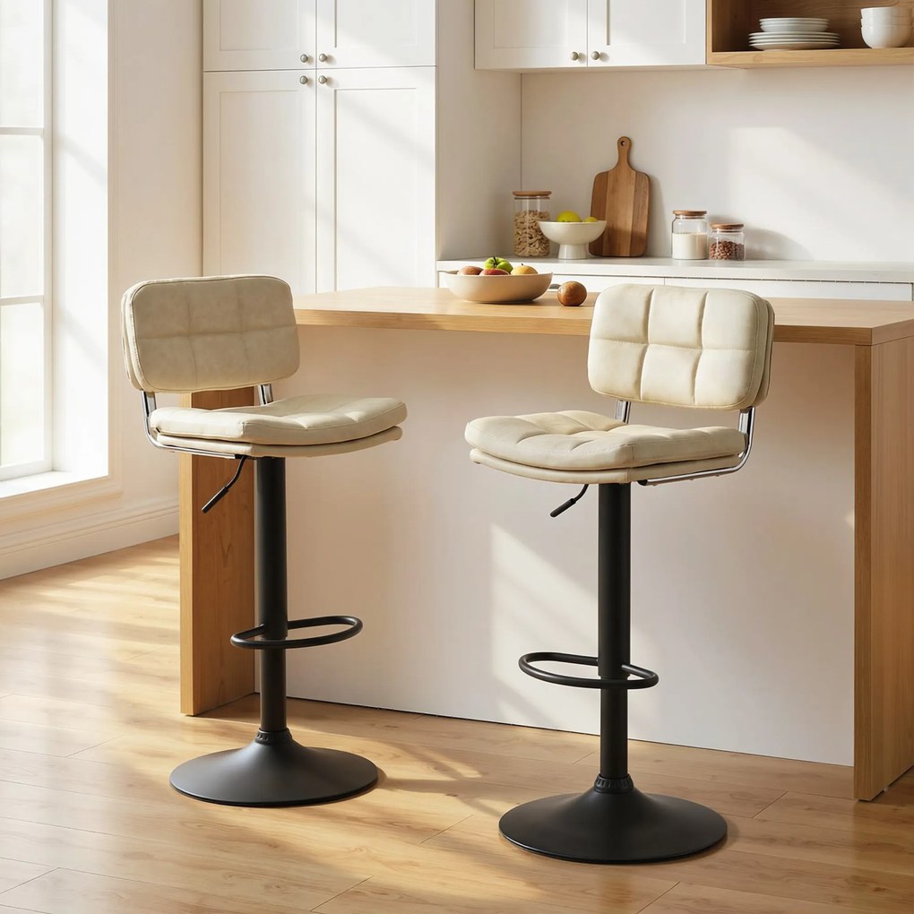 HOMCOM Set de 2 scaune de bar vintage capitonate - rotative, reglabile - suport pentru picioare - tapițerie sintetică cremă | Aosom Romania