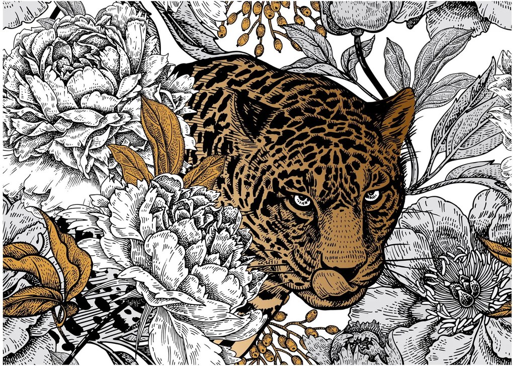 Tablou pe sticlă - Leopard între flori (70x50 cm)