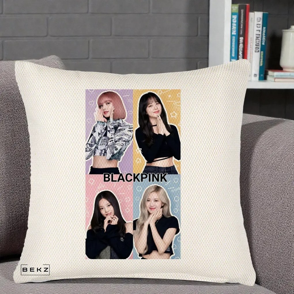 Perna Personalizata K-pop BLACKPINK Negru, 40x40 cm, Crem Reliefat, Husa Detasabila, Perna Inclusa, BEKZ®