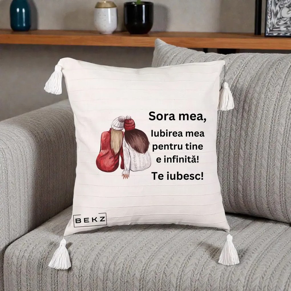 Cadou pentru Sora - Perna Personalizata Sora Mea Te Iubesc Doua Fete Iarna Acuarela, 40x40 cm, Bej cu Franjuri, Husa Detasabila, Perna Inclusa, BEKZ®