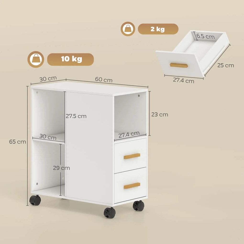 HOMCOM Suport pentru imprimantă Masă pentru imprimantă cu raft reglabil, roți pentru fax scanner 60 x 30 x 65 cm Alb | Aosom Romania