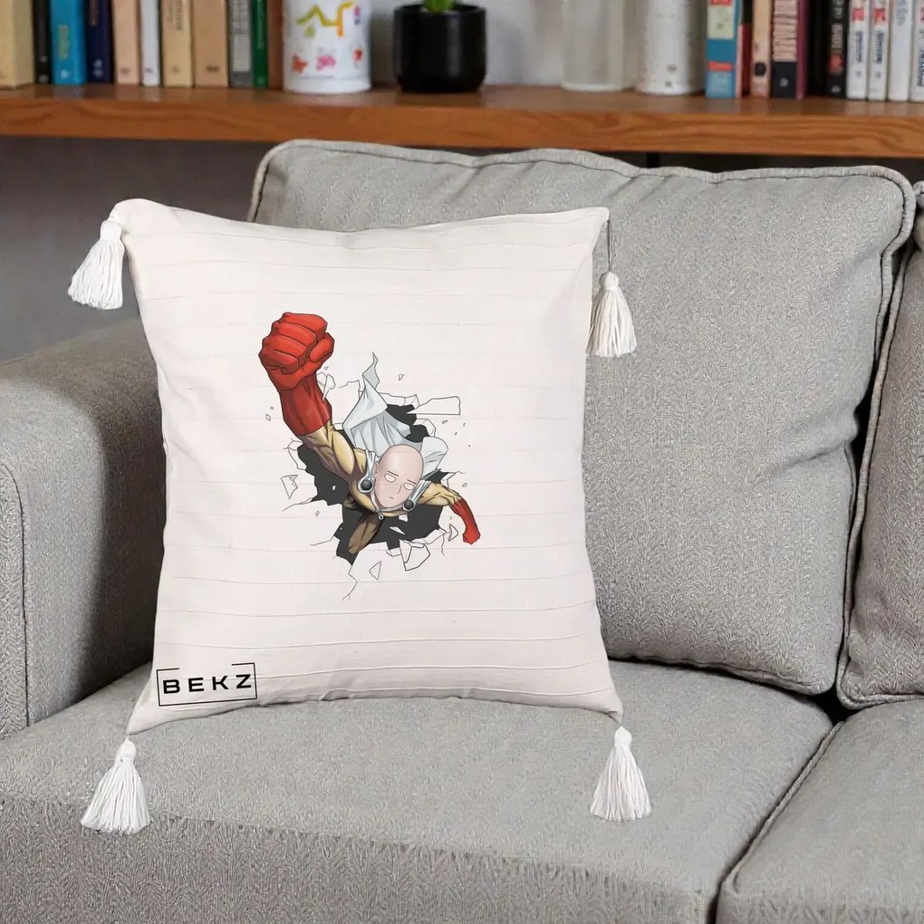 Perna Personalizata One Punch Man Saitama Pumn, 40x40 cm, Bej cu Franjuri, Husa Detasabila, Perna Inclusa, BEKZ®
