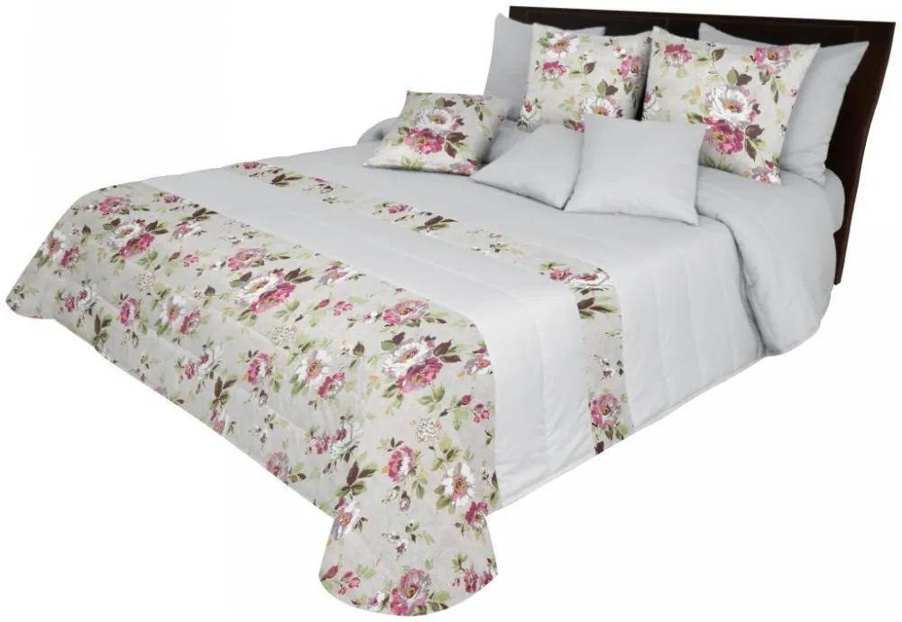 Cuvertură de pat reversibilă în gri deschis cu imprimeu floral romantic Lăţime: 220 cm | Lungime: 240 cm.