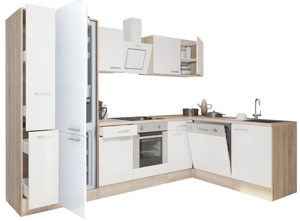 Mobilă de bucătărie de colț Yorki 310, corp din stejar sonoma, față alb satinat, element inferior cuptor, dulap frigider inferior cu dedurizator de căldură